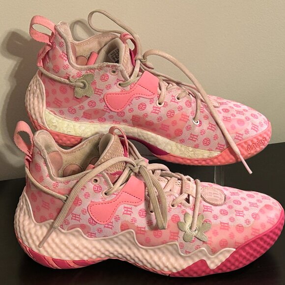 ADIDAS Harden Vol 6 Pink Monogram Athletic Sneakers Sz 6 Mens 8 Womens - Picture 1 of 8